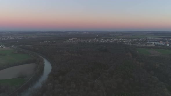 Danube River in Ulm with Drone at Sunset