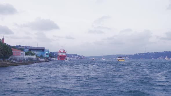 Ships advancing in the Bosphorus.