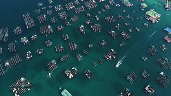 Aerial panorama, floating agricultural fish farms on ocean in Southeast Asia