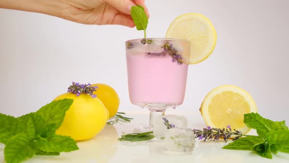 Lavender cocktail.A hand puts peppermint in a cocktail glass. Lavender lemon drink.