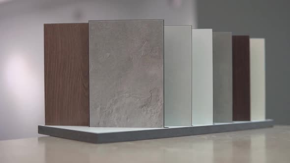 Furniture surface, granite, stone sample tiles for customers.