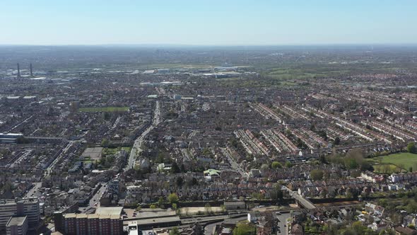 drone shot over gentrified suburban london sprawl