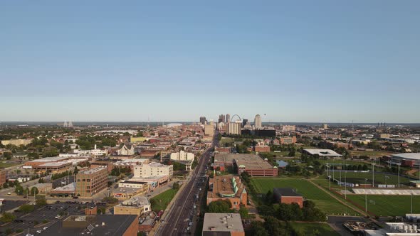 Downtown Concept - American City of St. Louis, Missouri. Aerial Drone Establishing View