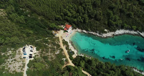 Aerial view of a bay with beach on Korcula island, Croatia.