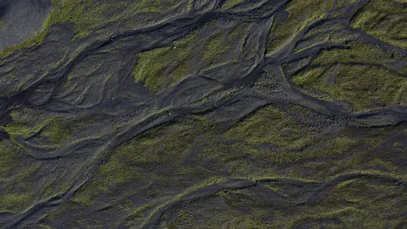 Drone Over Landscape With Dry Riverbed Of Braided River