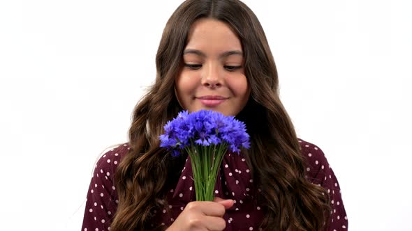Smiling Child Long Hair Hold Wildflower Flower Bouquet Smell Centaurea Selective Focus Bloom