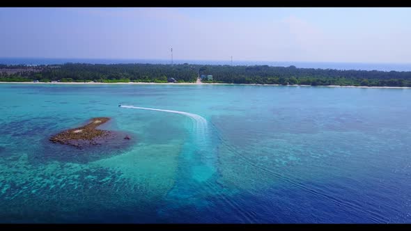 Aerial top down travel of relaxing resort beach holiday by transparent ocean and white sandy backgro