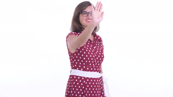 Happy Beautiful Woman with Eyeglasses Waving Hand