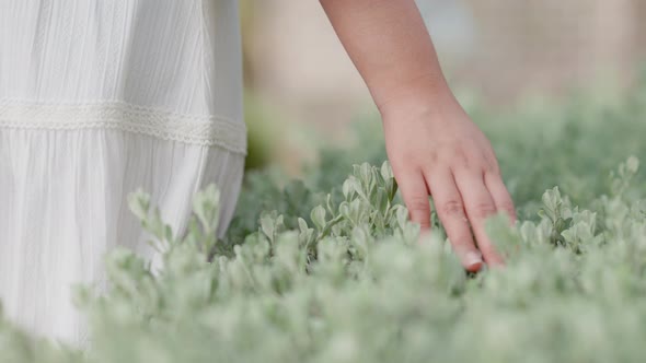 A young girl in white walks through the grass in the slow-motion sunset, 4k resolution.