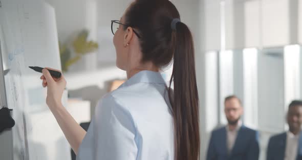 Young Woman Drawing Scheme on Whiteboard for Team at Office Conference