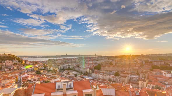 Lisbon at Sunset Aerial Panorama View of City Centre with Red Roofs at Autumn Evening Timelapse