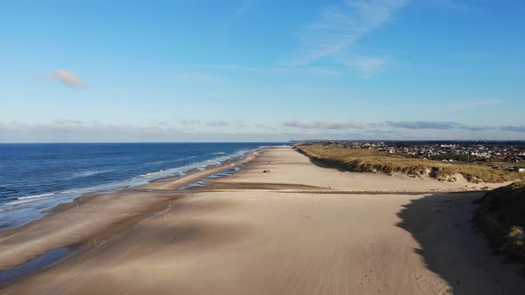 Aerial view of the North Sea shoreline outside Løkken, Denmark