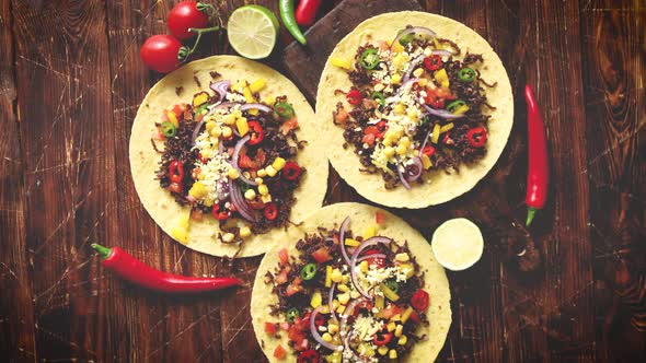 Healthy Corn Tortillas with Grilled Beef, Fresh Hot Peppers, Cheese, Tomatoes