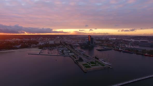 Aerial view of the port of Gdynia in sunset