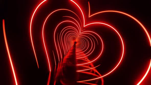 Flying through red hearts painted with light