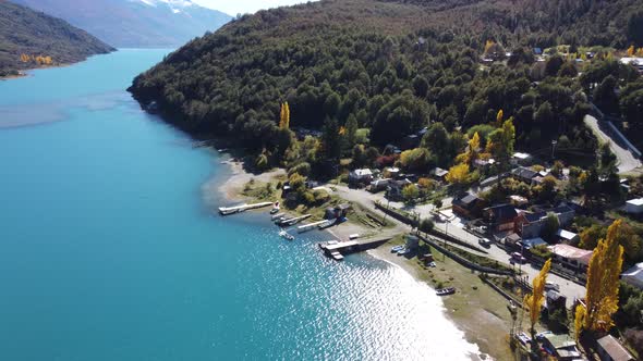 Top Down Aerial Drone View of the impressive Baker River and Puerto Beltrand Village. Bird Eye View