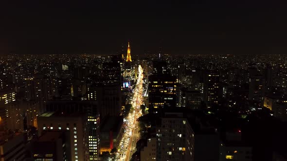 Night downtown Sao Paulo Brazil. Downtown district at night life scenery.