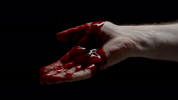 Closeup Caucasian Male Hand Covered in Blood Crime Scene Bloody Hand Isolated on Black Background