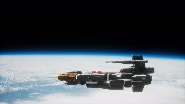 Futuristic Spaceship Near the Earth. Elements of This Image Furnished By NASA alt
