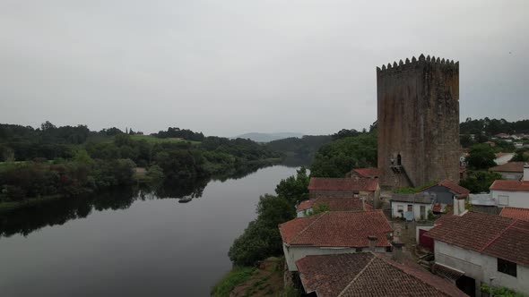 Flying Over Medieval Castle of Lapela in Monção. River Minho Border Between Portugal and Spain