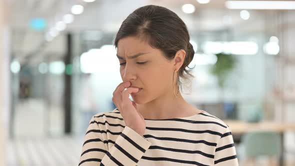 Portrait of Sick Indian Woman Coughing, Throat Pain