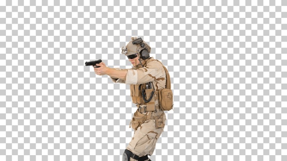 Soldier walking and aiming with a pistol, Alpha Channel