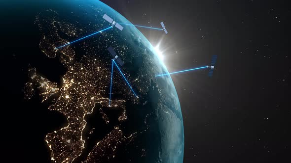 Satellites over European content transmit an Internet signal to the surface of the earth.