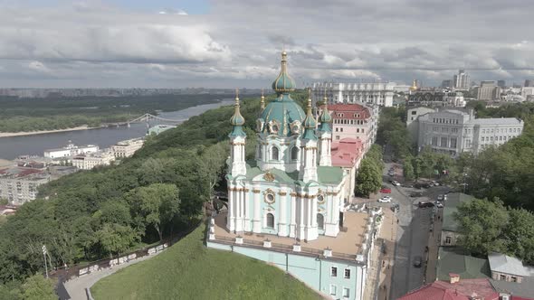 Kyiv. Ukraine. St. Andrew's Church. Aerial. Flat, Gray