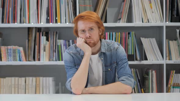 Sad Casually Sitting Redhead Man in Office, Library