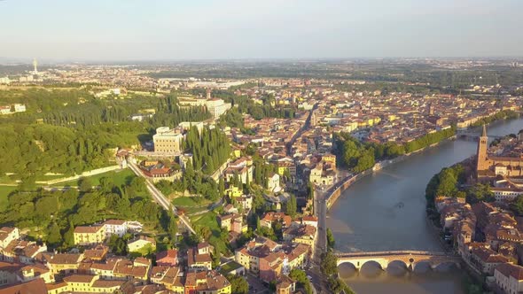 Verona Italy Skyline Aerial View From Sky of Historical City Centre Bridges Across Adige River