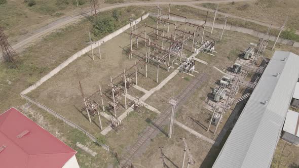 Aerial view of Traction substation of Tetritskaro railway station, Georgia 2021