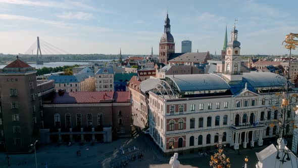 Establishing Aerial Bird Eye View Shot of Riga Riga Skyline Latvia