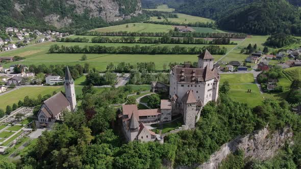 Drone view of St. Nikolaus church and Gutenberg Castle, Balzers, Liechtenstein