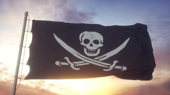 Realistic Pirate Flag Waving in the Wind Sky and Sun Background