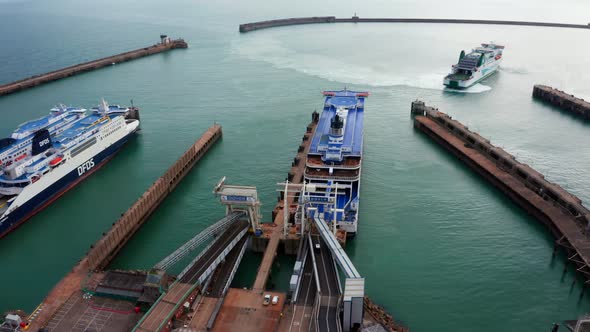 Aerial View of the Dover Harbor with Ferries and Cruise Ships in Dover UK