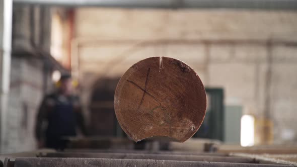 Processing of Round Timber Logs for Building Wooden House. Removing Bark From Logs Using a Machine