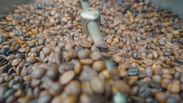 Close-up of coffee beans stirred and roasted