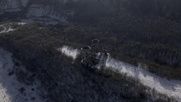 Ruins of Medieval Castle with Two Towers Aerial Drone View