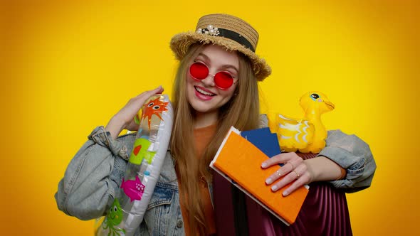 Traveler Tourist Cheerful Teen Stylish Girl Celebrating Dancing Holding Passport Tickets Luggage