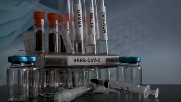 Test tubes labelled with variants of Covid 19 are being removed from the rack in the laboratory.