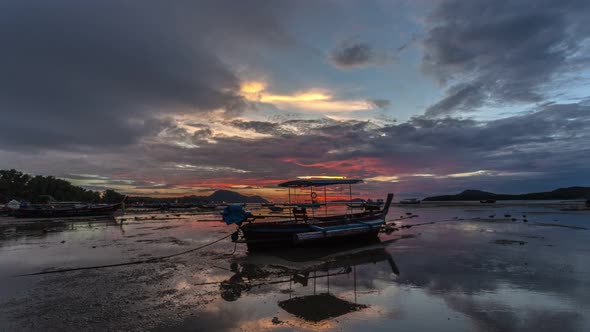 Time Lapse Cloudy Above Fishing Boat In Sunrise