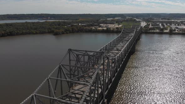 McClugage Bridge connecting, Peoria and East Peoria on Route 150,  Aerial view spins to view of down