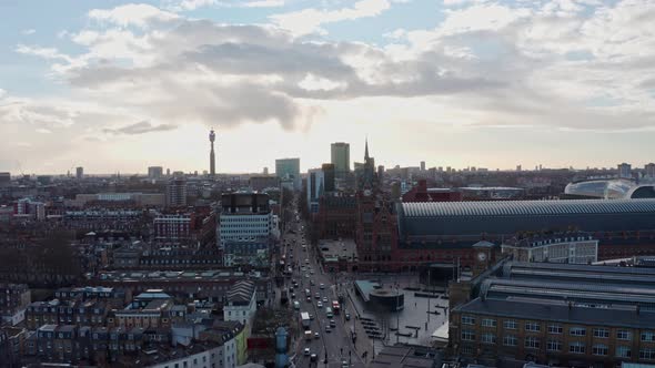 Dolly forward aerial drone shot from kings cross st Pancras London