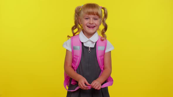 Smiling School Girl Wear Backpack Laughing Out Loud After Hearing Ridiculous Anecdote Funny Joke