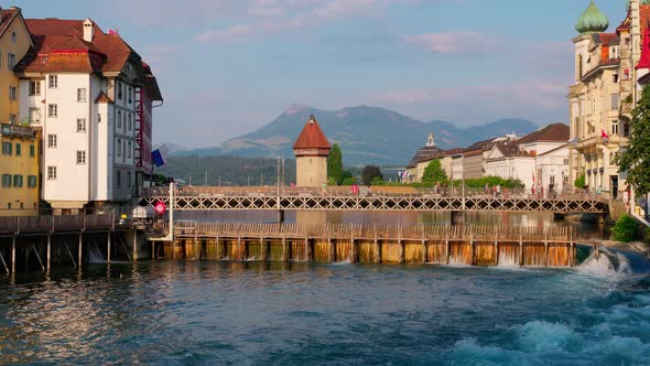 River Reuss in the Old Town of Lucerne at Sunset