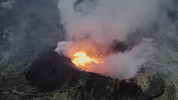 Drone Shot Of Smoke And Lava From Erupting Volcano