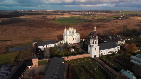 Beautiful view of Zimnensky Svyatogorsky monastery from above.