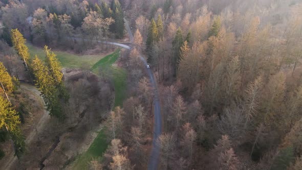 A single car traveling along a remote forest highway at sunset. Wide angle aerial following shot fro