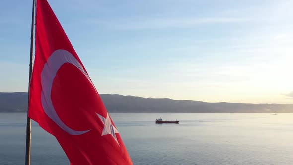 Aerial Turkish Flag and sea, sunset