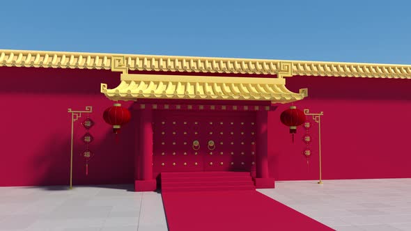 Chinese palace walls, red walls and golden tiles, 3d rendering.